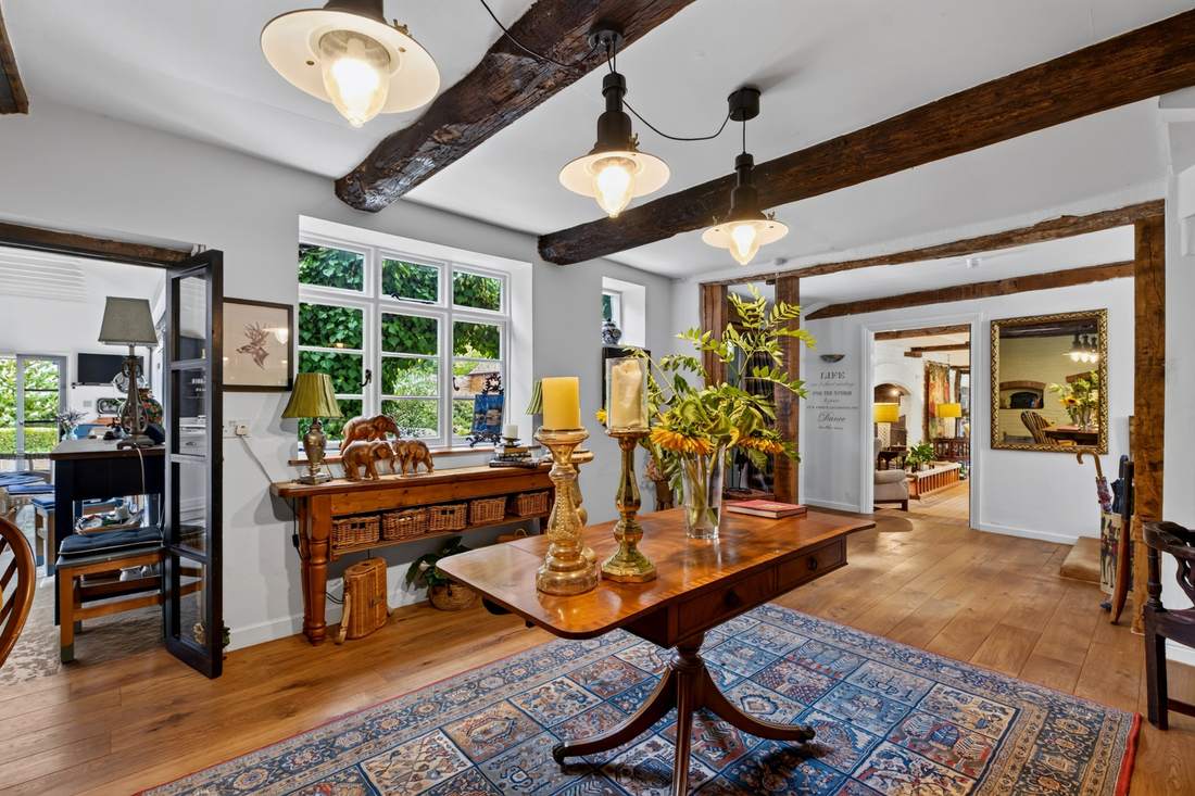 A ground-floor hallway at Priors Court, Aylton, connecting the reception rooms
