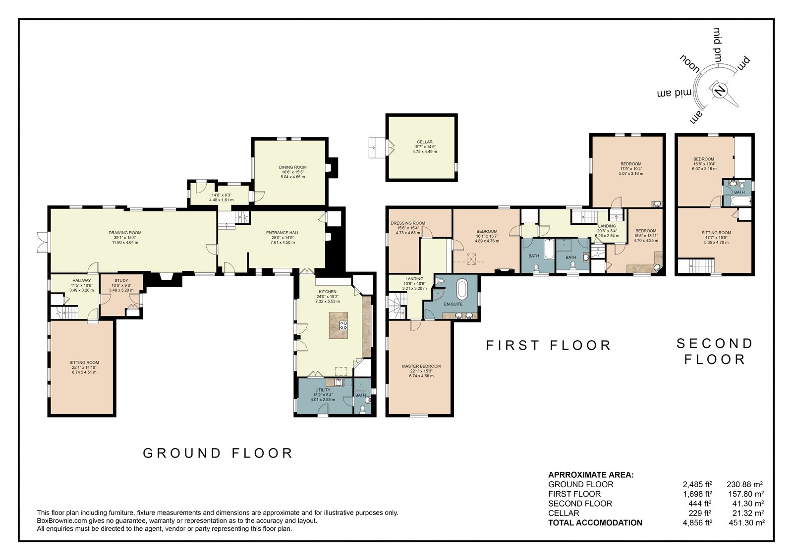 Floorplan of Priors Court, Aylton, showing the ground, first and second floors and cellar, with room dimensions