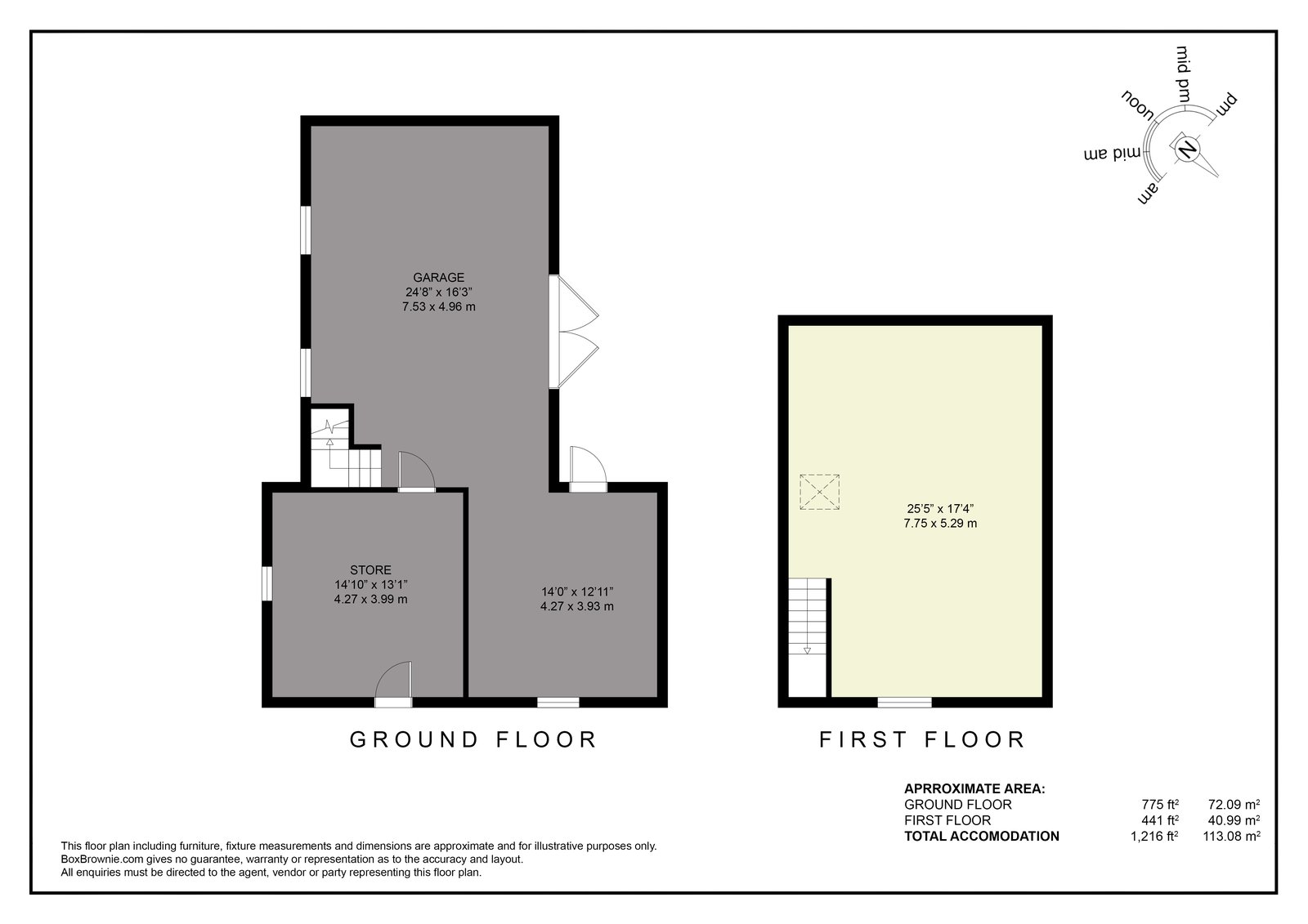 Floorplan of the detached garage building at Priors Court, Aylton, showing the ground floor and first-floor room